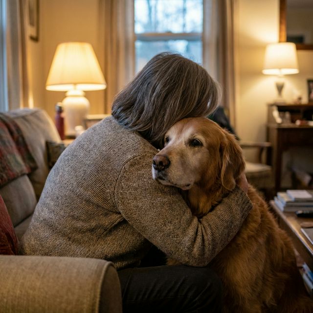 Owner hugging senior dog