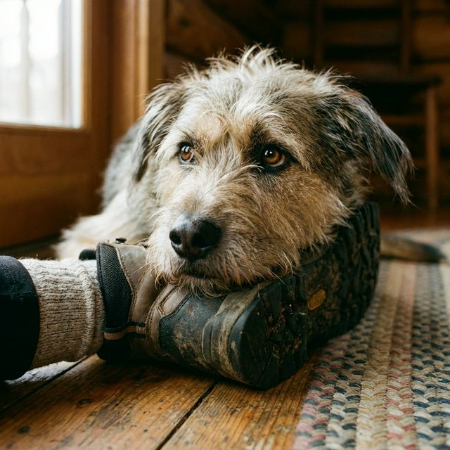 Dog resting chin on foot with trusting eyes