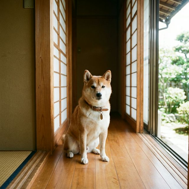 ドアの隙間から見ている柴犬